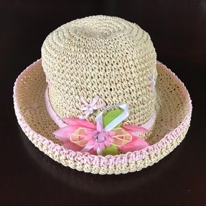 Girl's Sweet Straw Hat - Pink and Green detailing, Floral, Easter, Spring, EUC